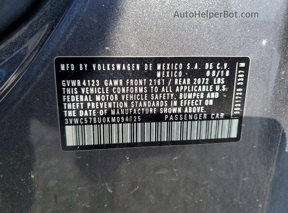 3VWC57BU0KM094725 2019 VOLKSWAGEN JETTA Серый Вид наклейки с VIN-кодом