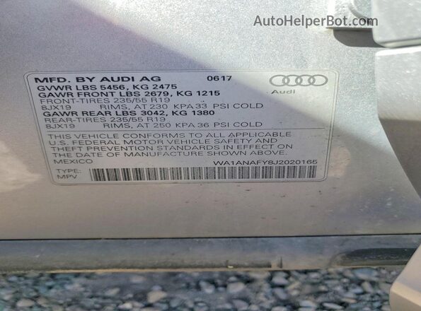 WA1ANAFY8J2020165 2018 AUDI Q5 Серебряный Панорамный вид салона 360°