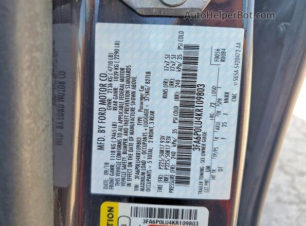 3FA6P0LU4KR109803 2019 FORD FUSION Black VIN կոդի պիտակի տեսք