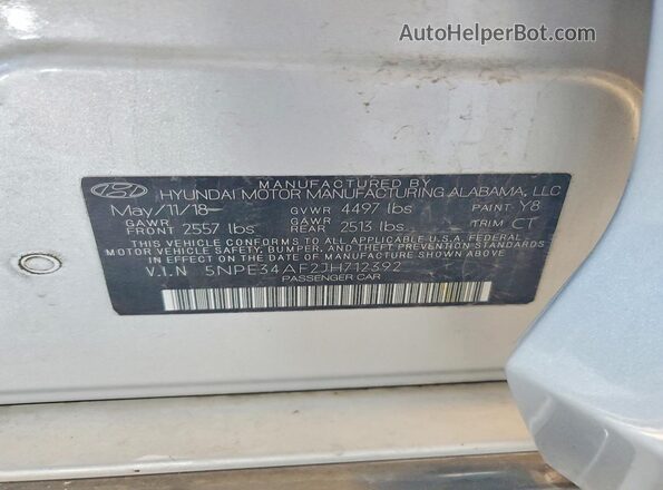5NPE34AF2JH712392 2018 HYUNDAI SONATA Silver VIN კოდის სტიკერის ხედი