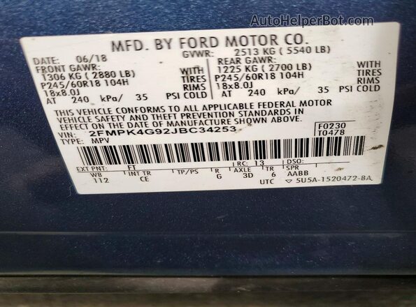 2FMPK4G92JBC34253 2018 FORD EDGE Синий Панорамный вид салона 360°