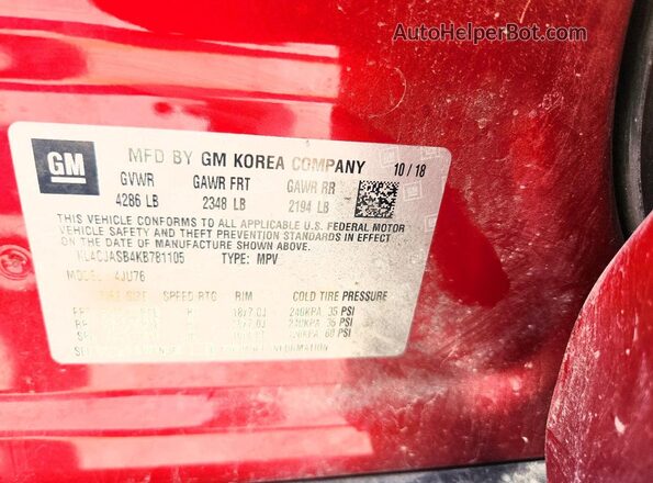 KL4CJASB4KB781105 2019 BUICK ENCORE Красный Панорамный вид салона 360°