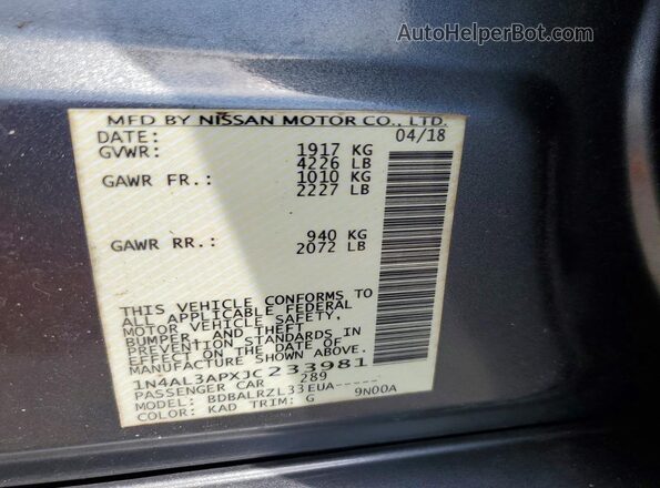 1N4AL3APXJC233981 2018 NISSAN ALTIMA Gray Widok naklejki z numerem VIN