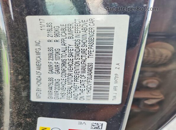 1HGCV1F30JA048293 2018 HONDA ACCORD Черный Вид наклейки с VIN-кодом