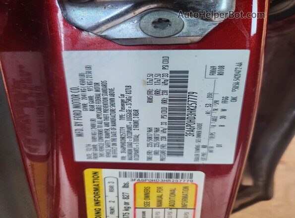 3FA6P0HD3HR257779 2017 FORD FUSION Maroon Vista de la etiqueta del VIN