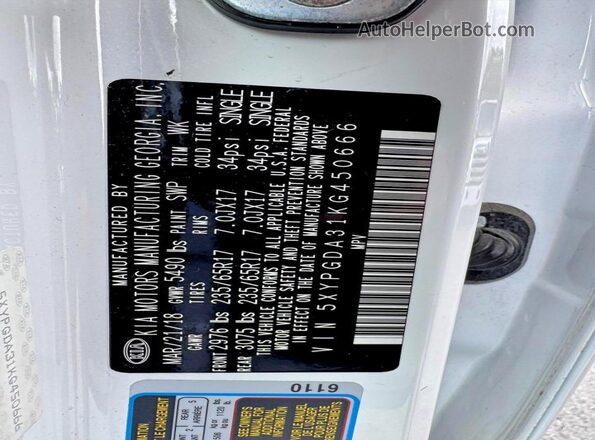 5XYPGDA31KG450666 2019 KIA SORENTO White Widok wnętrza 360 stopni