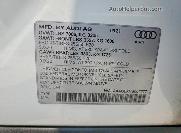 WA1AAAGEXNB007777 2022 AUDI E-TRON White 360 interior view