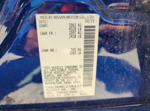 1N4BL4BV8KC238427 2019 NISSAN ALTIMA Blue VIN կոդի պիտակի տեսք