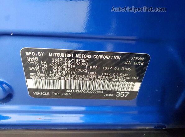 JA4AR3AW2JU000844 2018 MITSUBISHI OUTLANDER Blue VIN sticker view
