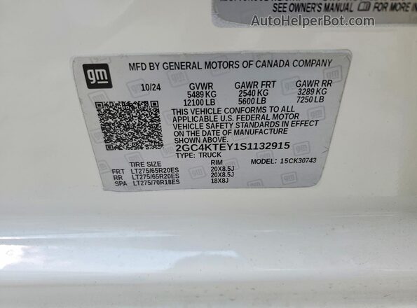 2GC4KTEY1S1132915 2025 CHEVROLET SILVERADO White Вид наклейки з VIN-кодом