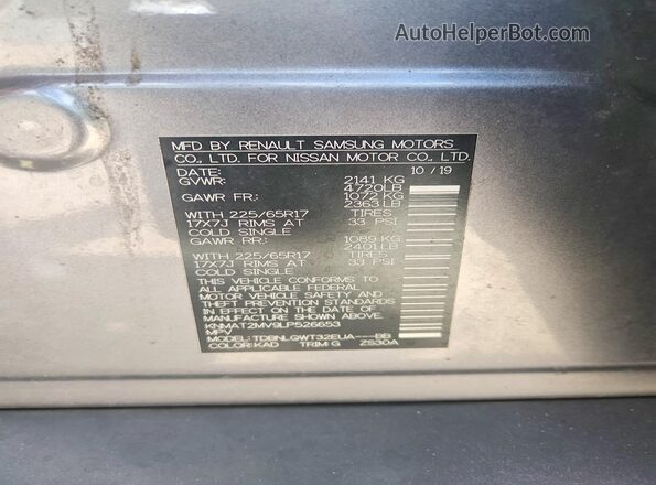 KNMAT2MV9LP526653 2020 NISSAN ROGUE Gray Вид наклейки з VIN-кодом