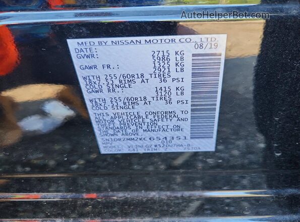 51N1DR2MM2KC65435 2019 NISSAN PATHFINDER Черный Вид наклейки с VIN-кодом