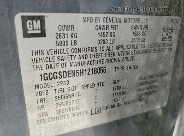 1GCGSDEN5H1218056 2017 CHEVROLET COLORADO Gray VIN sticker view