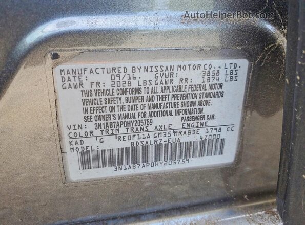 3N1AB7AP0HY205759 2017 NISSAN SENTRA Gray Widok naklejki z numerem VIN