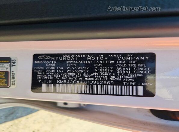 KM8J2CA4XKU982869 2019 HYUNDAI TUCSON White Панорамний вид салону 360°
