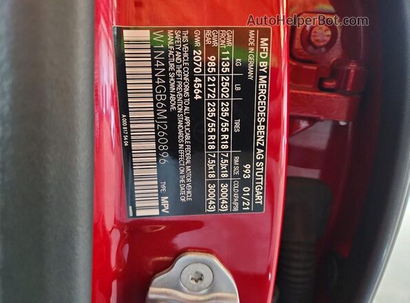 W1N4N4GB6MJ260896 2021 MERCEDES-BENZ GLA Maroon VIN კოდის სტიკერის ხედი