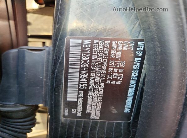 WBY1Z8C39HV894155 2017 BMW I3 Серый Вид наклейки с VIN-кодом