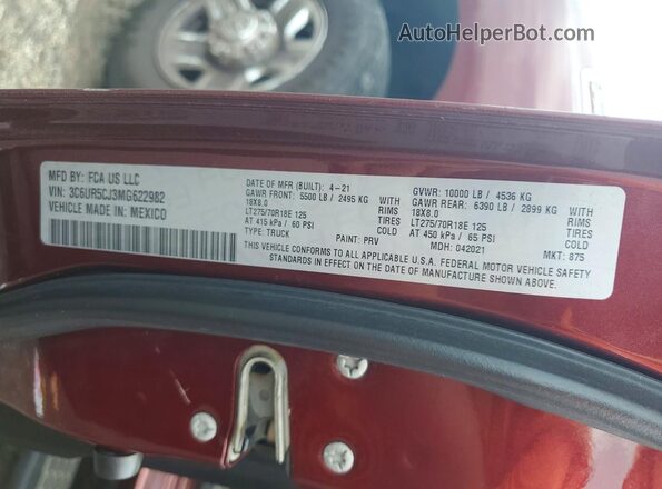 3C6UR5CJ3MG622982 2021 RAM 2500 Burgundy VIN կոդի պիտակի տեսք