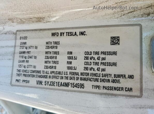 5YJ3E1EA4NF154595 2022 TESLA OTHER Белый Вид наклейки с VIN-кодом