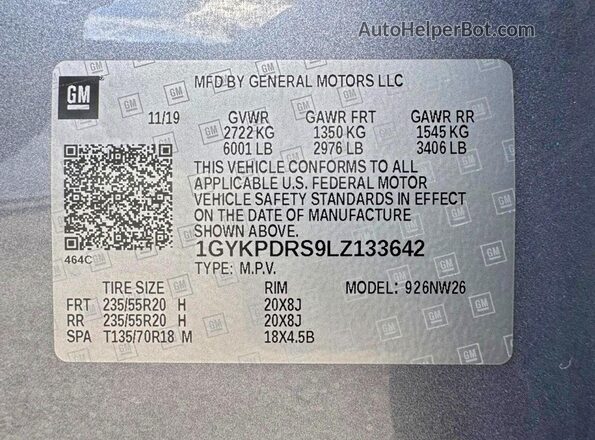 1GYKPDRS9LZ133642 2020 CADILLAC XT6 Gray 