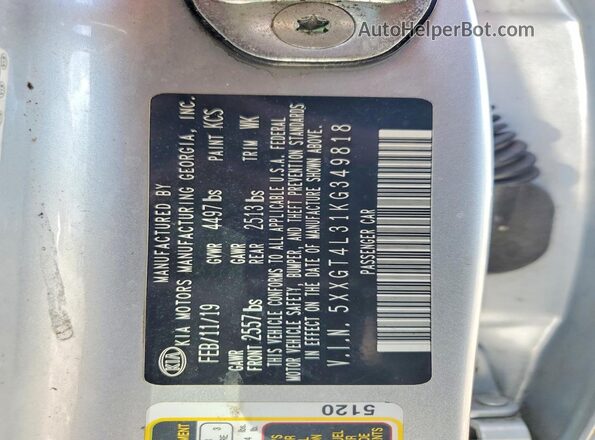 5XXGT4L31KG349818 2019 KIA OPTIMA Серебряный Вид наклейки с VIN-кодом