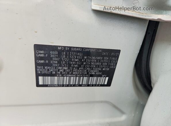 4S4WMAMD1M3435482 2021 SUBARU ASCENT Белый Панорамный вид салона 360°