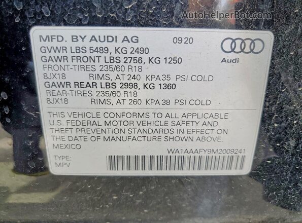 WA1AAAFY9M2009241 2021 AUDI Q5 Black Vista interior de 360 grados