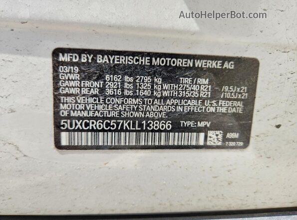 5UXCR6C57KLL13866 2019 BMW X5 White Панорамний вид салону 360°