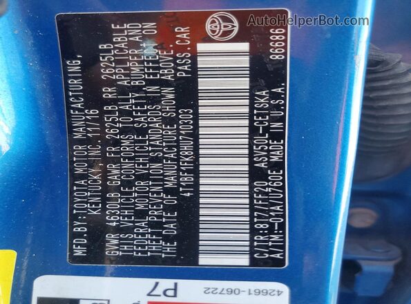 4T1BF1FK8HU710303 2017 TOYOTA CAMRY Blue VIN կոդի պիտակի տեսք
