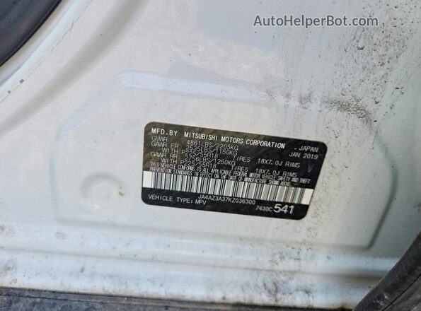 JA4AZ3A37KZ036300 2019 MITSUBISHI OUTLANDER White სალონის 360-გრადუსიანი ხედი