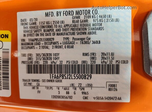1FA6P8SJ2L5500829 2020 FORD MUSTANG Оранжевый Вид наклейки с VIN-кодом