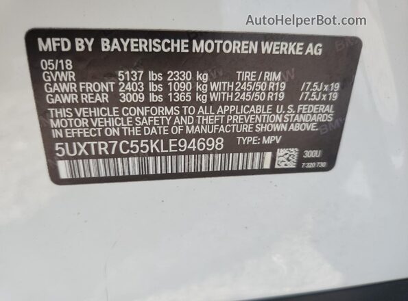 5UXTR7C55KLE94698 2019 BMW X3 White 