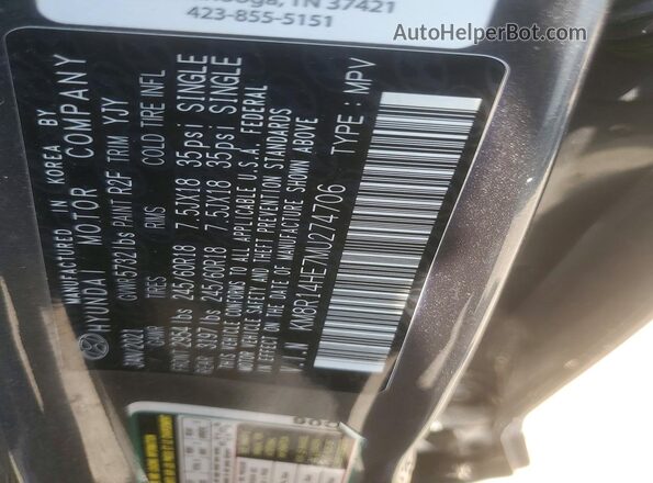 KM8R14HE7MU274706 2021 HYUNDAI PALISADE Серый Вид наклейки с VIN-кодом