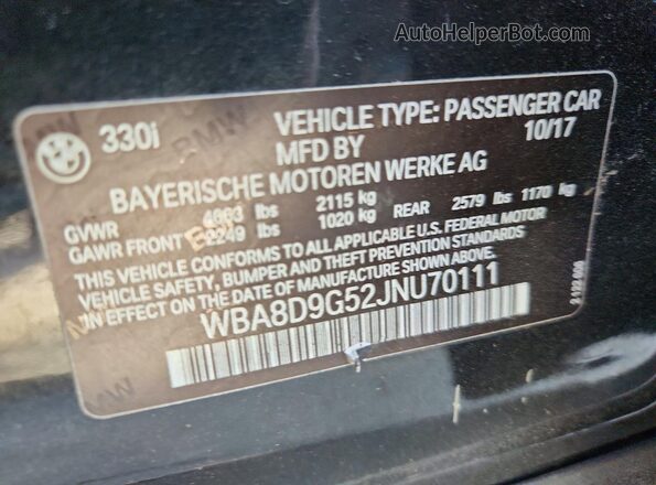 WBA8D9G52JNU70111 2018 BMW 3 SERIES Черный Вид наклейки с VIN-кодом
