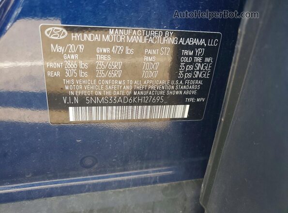 5NMS33AD6KH127695 2019 HYUNDAI SANTA FE Blue Սալոնի 360 աստիճան տեսք