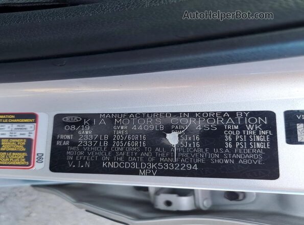 KNDCD3LD3K5332294 2019 KIA NIRO Silver სალონის 360-გრადუსიანი ხედი