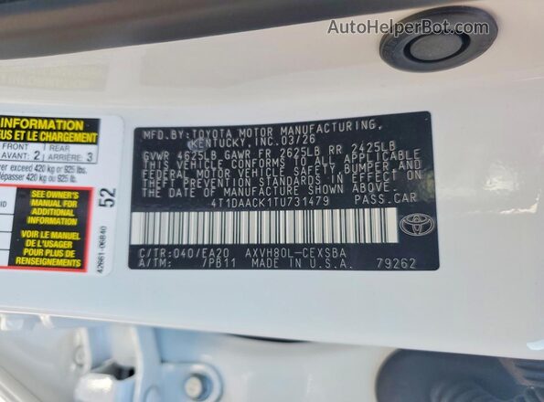 4T1DAACK1TU731479 2026 TOYOTA CAMRY White VIN sticker view