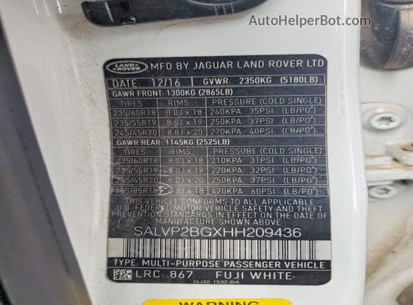 SALVP2BGXHH209436 2017 LAND ROVER RANGE ROVER White სალონის 360-გრადუსიანი ხედი