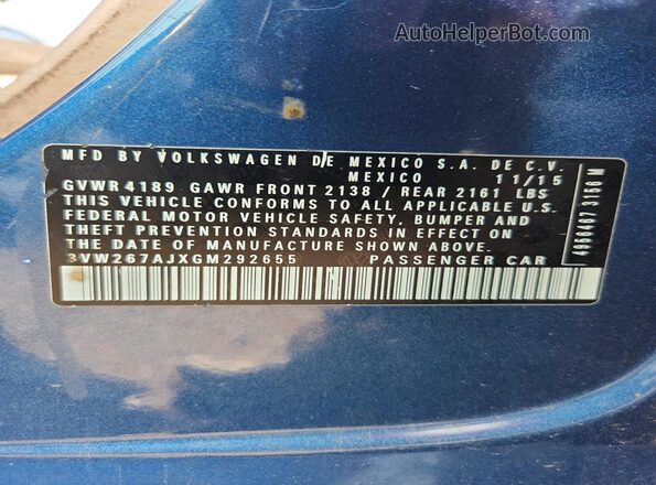 3VW267AJXGM292655 2016 VOLKSWAGEN JETTA Blue Вид наклейки з VIN-кодом