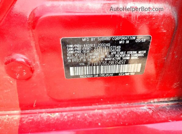 JF1VA1C66J9835497 2018 SUBARU WRX Red Widok naklejki z numerem VIN