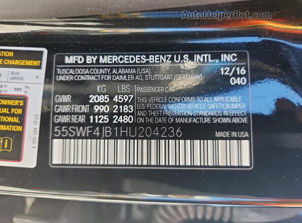55SWF4JB1HU204236 2017 MERCEDES-BENZ C Black VIN կոդի պիտակի տեսք