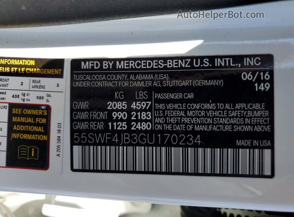 55SWF4JB3GU170234 2016 MERCEDES-BENZ C White Widok naklejki z numerem VIN