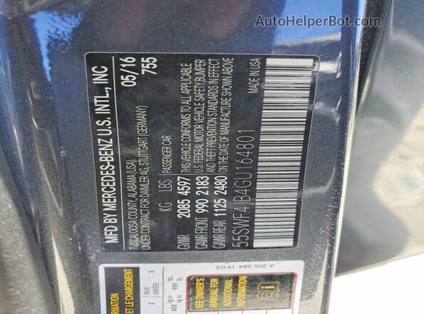 55SWF4JB4GU164801 2016 MERCEDES-BENZ C Gray Widok naklejki z numerem VIN