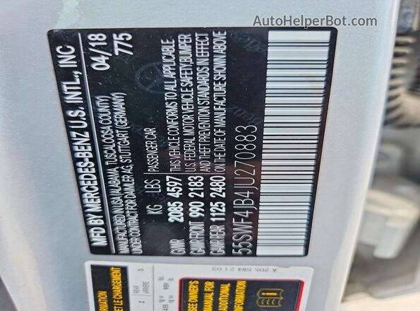 55SWF4JB4JU270883 2018 MERCEDES-BENZ C Серебряный Вид наклейки с VIN-кодом