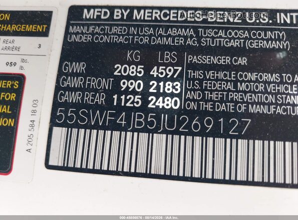 55SWF4JB5JU269127 2018 MERCEDES-BENZ C-CLASS White Widok komory silnika