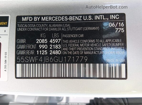 55SWF4JB6GU171779 2016 MERCEDES-BENZ C-CLASS Silver Շարժիչի բաժամունքի տեսք