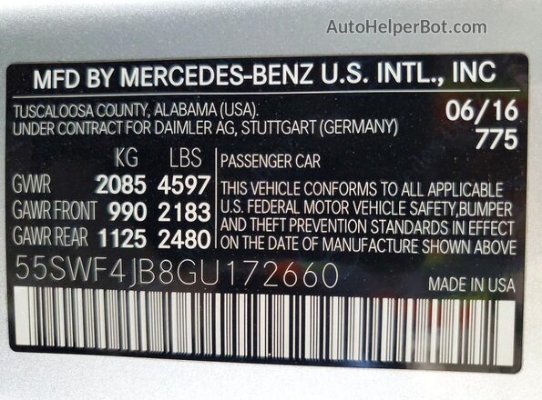 55SWF4JB8GU172660 2016 MERCEDES-BENZ C Silver Вид наклейки з VIN-кодом