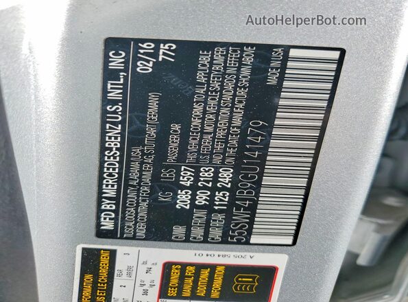 55SWF4JB9GU141479 2016 MERCEDES-BENZ C Silver Widok naklejki z numerem VIN