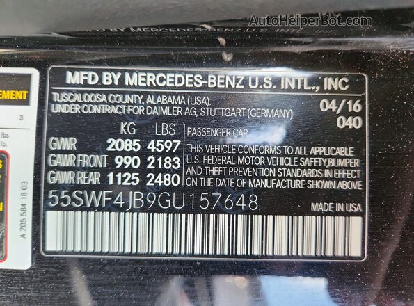 55SWF4JB9GU157648 2016 MERCEDES-BENZ C Black VIN კოდის სტიკერის ხედი