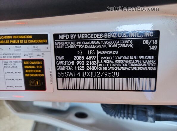 55SWF4JBXJU279538 2018 MERCEDES-BENZ C White Вид підкапотного простору